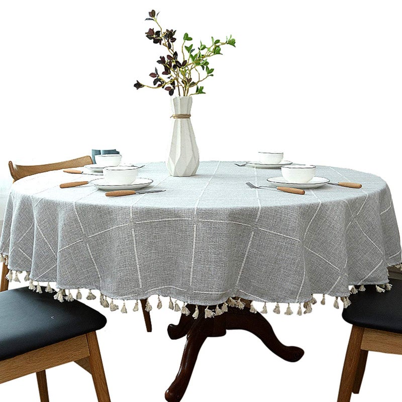 Dimatic Heavy Weight Cotton Linen Tablecloth, Plaid Tassel Round Table Cover for Kitchen Dining Room Tabletop Decorations, Round - 63", Grey - Image 1